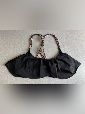 PINK Victoria's Secret Black & Leopard Strap Flutter Swim Top Size Large